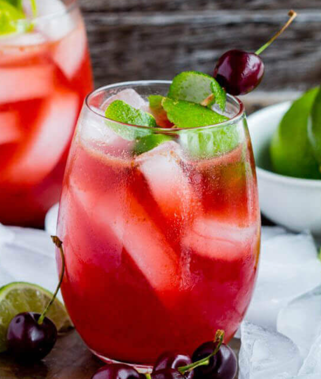 Receipt: 100ml of cherry juice, 50ml sparkling water, 1 tsp lime juice, a couple of mint leaves.  Mix together and enjoy.